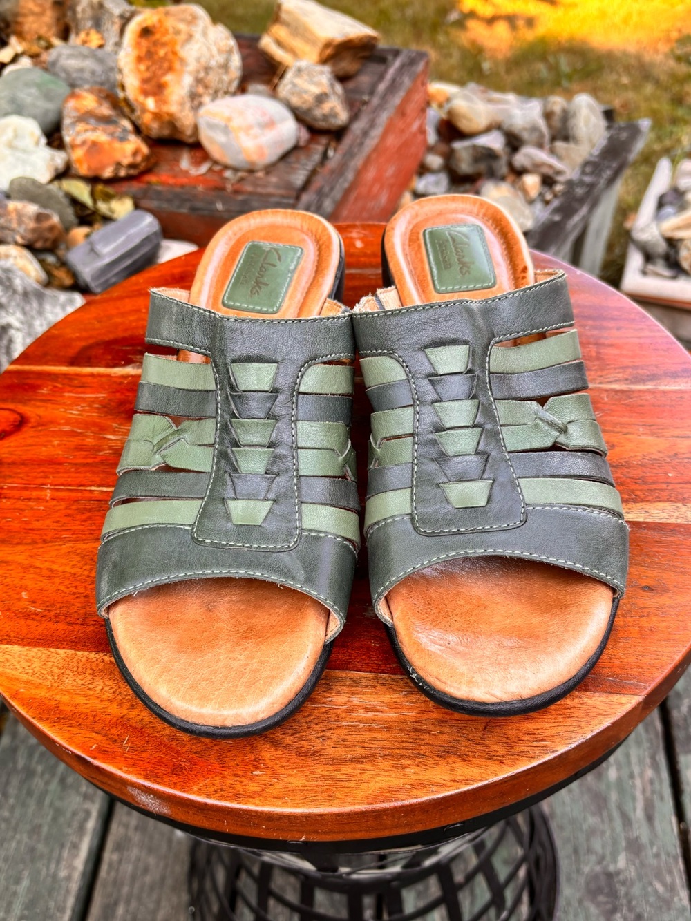 Clarks Olive and Brown Woven Slide Sandals - Women's